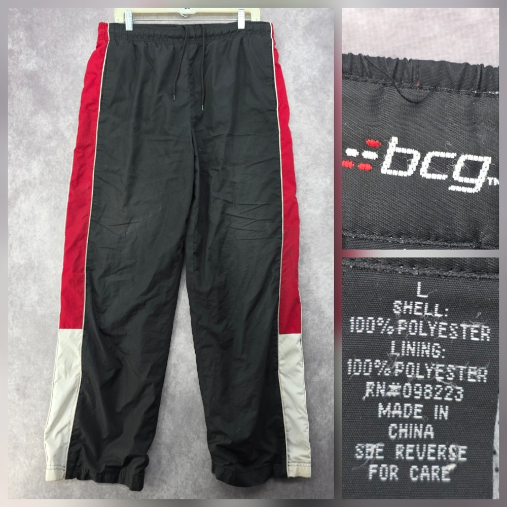Vintage BCG Baggy Track Pants Mens L Black Red White Colorblock Lined Zipper Leg